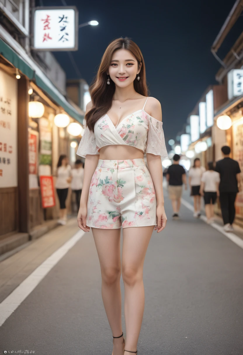 (best quality,16K,High resolution,Masterpiece:1.2),very detailed,(realistic,realistic,Realistic photos:1.37),Korean fashion beauty,Japanese and Korean beauty,cuteและไร้เดียงสา,Detailed eyes and face,Beautifully detailed lips,white teeth,Long eyelashes,Thinning,Fashionable in dressing,Shorts, short skirts,The upper circumference is plump.,big breasts,(cute,charming:1.1),พื้นหลังถนนbright colors,Stylish clothes and accessories,The fabric of the clothes is smooth.,style portrait photography,bright colors,street light.