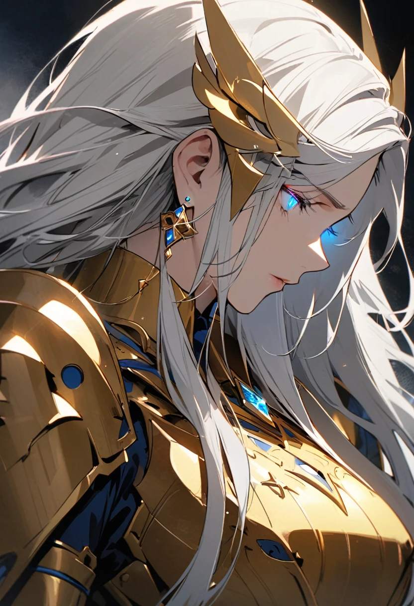 woman, blue eyes, long hair, white hair, mature, god eyes, diamond earings, gentle, side view, golden armor, half eyes, keep the head down, god eyes, glowing eyes