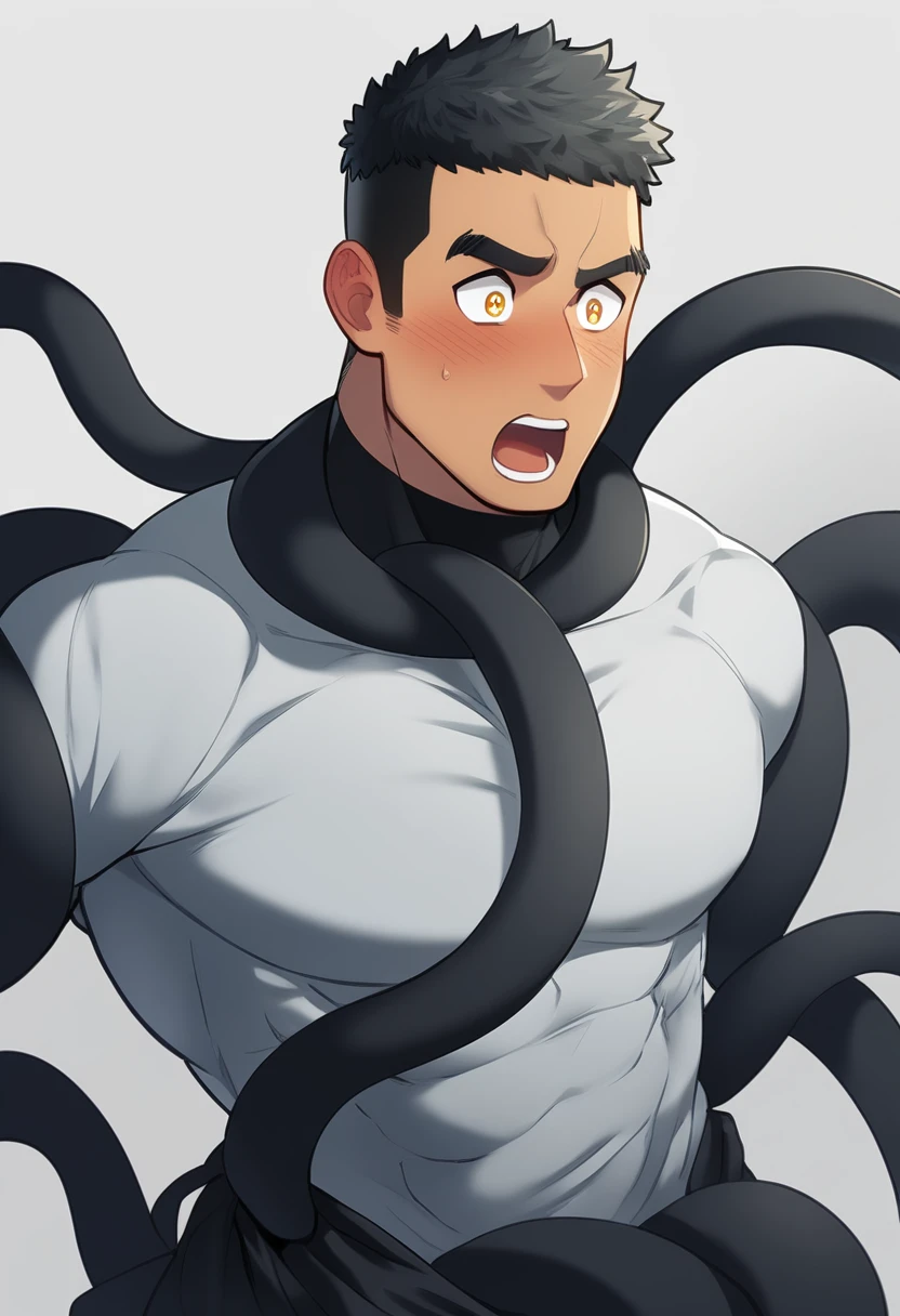 anime characters：Superhero in tights, negro black skin, He was entangled by a large number of thick black tentacles, Very stout, Lots of mucus, Wrap around the neck, Wrap around the waist, Tightly tied, Manliness, male focus, Yellow and black high collar long sleeve tight T-shirt, Slightly transparent material, Very tight, Round, full and perky chest muscles, Male dog waist, Slightly transparent, muscular male, muscular, only, Upper body, alone, Black short hair, Thick eyebrows, stubble, Yellow eyes, Grey background, simple background, amazing quality, best aesthetics, Ridiculous, bright pupils, crew cut, parted lips, blush, open mouth, scared, drop shadow, best quality