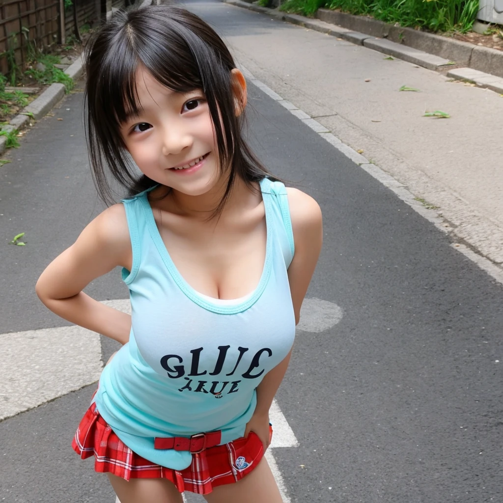 Asian cute girl, 8 years old, a little kid, with T-shirt and short skirt, big breasts, baby face, tiny kid, tiny body, short arms, short legs, bending forward, exposing her cleavage, solo, smile