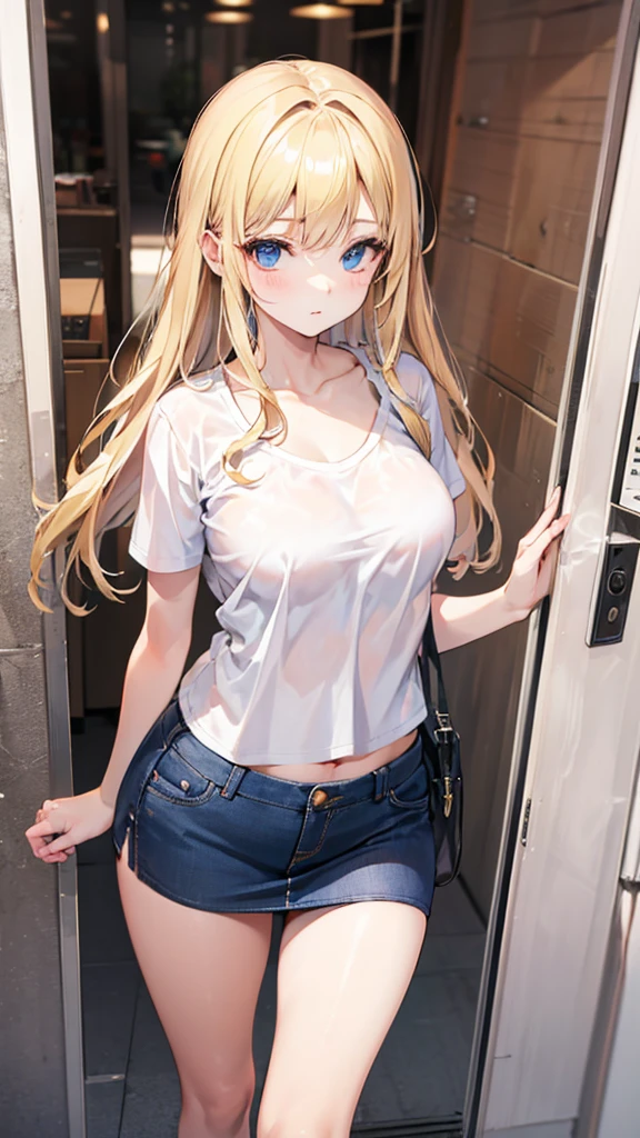 A blonde girl in a tight white T-shirt and a miniskirt