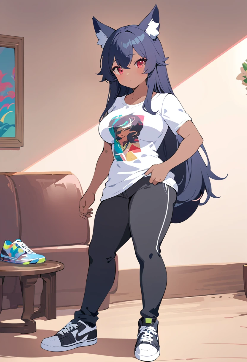 digital art drawing, illustration of (An Original Generic Character (OGC) with black hair styled in a disheveled manner, resembling the color of coal. Her long hair reaches her waist, framing it in a way that makes her appear slightly unkempt. The OGC has a noticeable curvy and muscular, adding a touch of character and intrigue to her appearance. The OGC is tall. The OGC has black wolf ears and a black wolf tail. The OGC has red eyes, giving her a splash of color. The OGC has brown skin because she is a black person. The OGC has a curvy body and is a bit muscular. She is dressed casually in a T-shirt and black pants, accessorized with a pair of worn sneakers.), anime drawing/art, bold linework, illustration, cel shaded, painterly style, digital art, best quality, masterpiece, 1girl, neat hands,
