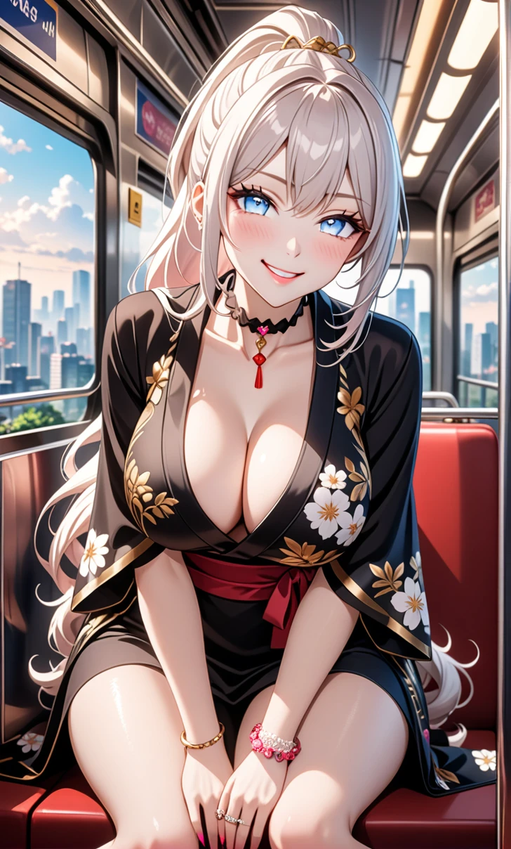 ultra-detailed, ((one girl)), (pale skin:1.4), in pastel colors gyaru, (heavy makeup), hyper detailed, absurdres, 8K, Beautiful Face, (Laugh shyly), ((teasing smile:1.8)), ((Wink:1.6)), (Laugh with your mouth wide open),((Tilt your face:1.6)), View your viewers, ((full-face blushed:1.5)),Glossy Red Lips, ((Big Breasts:1.5)), ((show off breast)), ((undressing:1.1)), noon, on the train, (Brighten your face), ((Anime style background)),masterpiece, Highest quality, so beautiful,Latest, Complex details, (Pink long nails), (nail art), (ring),(bracelet), (Floral Choker),AI-generated, Complex,High resolution, Highest quality, super high quality,3D Images、3D Images,One person,Long white hair,(High Ponytail), (wavy hair:1.3), White haired anime woman posing for a photo, ((Fine grain、blue eyes、glowing eyes:1.5)), (Squint your eyes:1.1),a hyperRealistic , hyperRealistic , Realistic,Anime woman with long white hair, Smooth anime CG art, (A girl in a gorgeous black kimono), ((Black furisode:1.3)), (Gold embroidery), (Red floral embroidery),ring,Mature Body, tall,Narrow waist, ((Sit in the seat)), ((leaning forward:1.6)), ((hand between legs:1.5)), (from below),