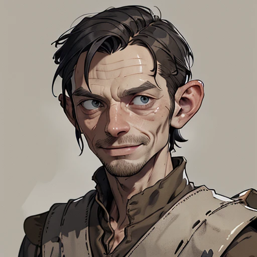 (masterpiece), (best quality),(portrait),(bust up),1boy,solo,(sharp focus),(look at viewer),smeagol, a man with a weird face and a weird haircut,hobbit,ancient long clothes,(simple background),old school fantasy art,super shiny face,Ultra Glossy Skin,medieval farmer outfit,poor outfit,farmer, smile,beige outfit