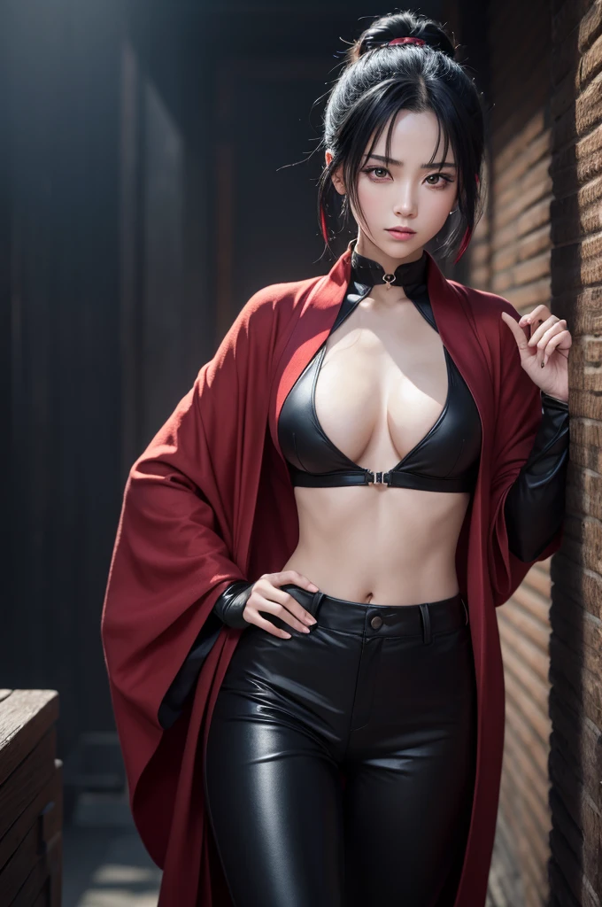 Make an anime character with the style of Nanatsu no tazai, straight black hair reaching to the waist, with red eyes but one of them black and purple with a demonic mark on his cheek, with a bamboo in your mouth, in a dark red kimono with dark red gloves with dark brown pants with brown boots, Caucasian skin, with dark powers shrouded standing out and the dark scenery
