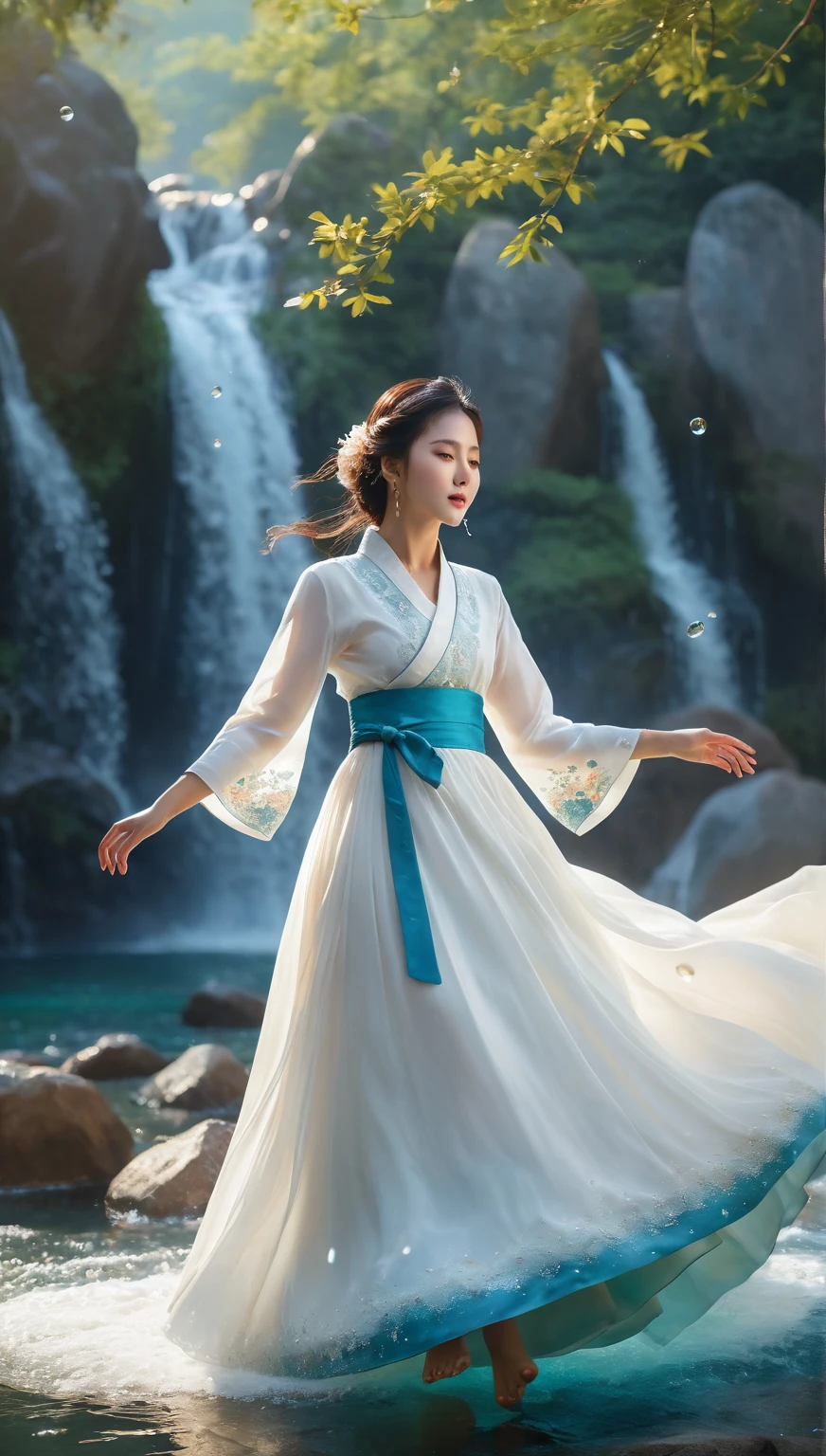 beautiful Korean woman, (((Mikamaria))), intricate pure white hanbok dress, spinning frantically, translucent stinging air particles on the hem of the dress ,Flying in the air like a Chinese movie, (extremely detailed CG unity 8k wallpaper,masterpiece, best quality, ultra-detailed),(incredible lighting, dynamic camera angle),blue water splashing,stream, flowing water,watercolor, 70's retro filter, high-detail skin: 1.2) , 8K ultra-hd, DSLR, high quality, high resolution, 8K