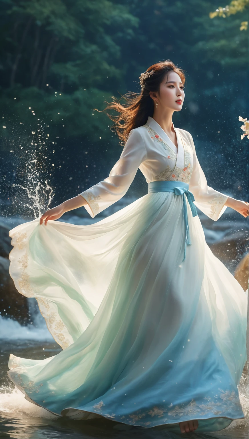beautiful Korean woman, (((Mikamaria))), intricate pure white hanbok dress, spinning frantically, translucent stinging air particles on the hem of the dress ,Flying in the air like a Chinese movie,  (extremely detailed CG unity 8k wallpaper,masterpiece, best quality, ultra-detailed),(incredible lighting, dynamic camera angle),blue water splashing,stream, flowing water,watercolor, 70's retro filter, high-detail skin: 1.2) , 8K ultra-hd, DSLR, high quality, high resolution, 8K