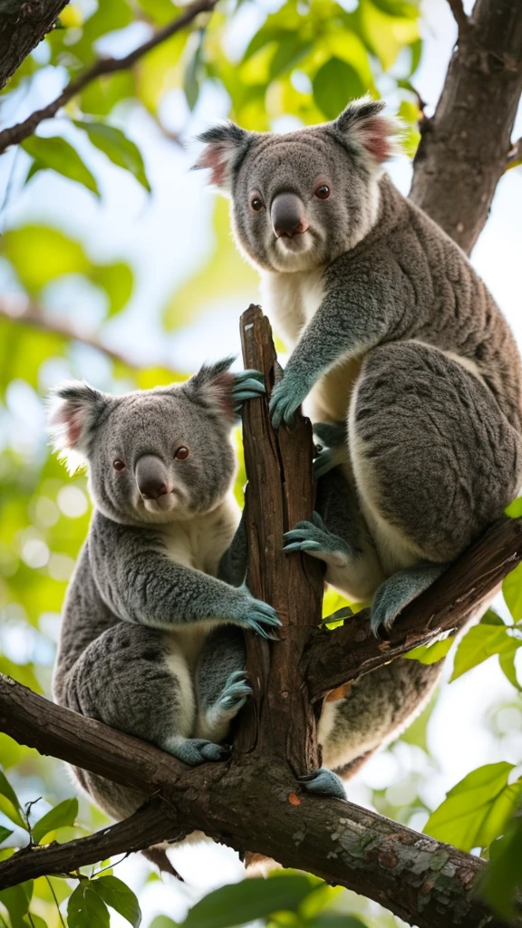 Highest quality, High resolution, Super detailed, Vibrant colors, Bokeh, Cute koalas, detailed fur texture, Beautiful attention to detail, fluffy ears, Unique tree branches, Soft sunlight, green々and green leaves, Peaceful atmosphere, Australian wildlife, Natural habitat