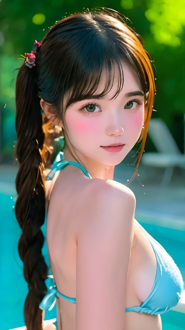 (8k、live-action、Raw photo、highest quality、masterpiece:1.2),(Outdoors,Pool,Front lighting:1.2),((Perfect lighting)),(Twin tails),Watching the audience,Looking up,Sexy pose, strong,Erotic,18-year-old,student,White skin,knees,Absurd,Small Face,Part the front hair from the center、The forehead is visible,(Be embarrassed,Tight eyes,Glare,strong,skinny,skinny,get annoyed)、masterpiece,highest quality、超A high resolution,one person, solo,Close-up shot、cute、Back to Students,(towel fabric bikini:1.3),High school girl,Japanese women,standing,(Photoreal:1.37)、Photon Mapping,Realistic、cuteSmall Face,Brown eyes、prospect、Depth of written boundary、Blurred Background、Real,(I can see the front hair), hair, I can see the knees, thigh,(Nogizaka Idol), actress、Big and ample breasts、Cleavage、Super fine、Low people、(Skin with visible pores:1.2)、(Focus on the face)、8 heads、Natural neck、Check and correct the skeleton