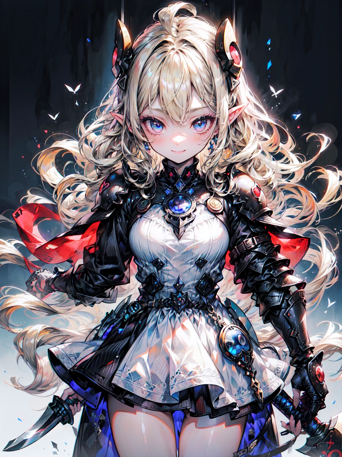 Very detailed、Highest quality、Best image quality、masterpiece、8K、Anime Face、優しいsmile、Open your mouth、Sparkling Blue Eyes、(Blonde wavy hair:1.5)、、Muscles of the whole body、camisole、Thigh belt、mini skirt、(Wearing black armor:1.5)、(Cowboy Shot:1.5)、(First:1.5)、Put on a helmet、(Have a battle axe:1.5)、Blake、（Dark Elf), (1 Girl), alone, 優しいsmile、Perfect Face, Get used to it, Ahoge, ((Long Hair:1.2)), [[Messy Hair]], Shiny blonde white hair, Purple eyes, Variegated eyes, Colorful Hair, Shining Eyes, (eyelash, eye shadow, pink eye shadow), bright, smile, Design Art：haruhiko mikimoto, by Kawashi, By Yoshitaka Amano, （Dark brown skin）