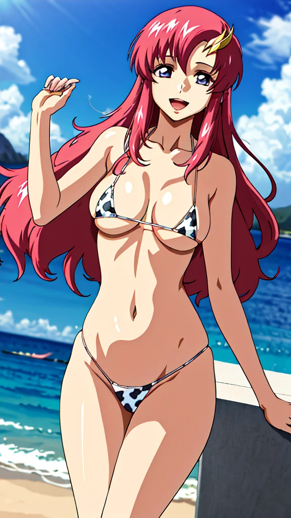 (masterpiece, 4K, Highest quality, anime style: 1.9, Detailed face, Lovely, Ocean,bold, High resolution, anime, Lake 4. alone, Curvaceous, smile, Please open your mouth wide, Very slim belly, Cowboy Shot, Cow print micro bikini,1 Girl,   (Purple eyes:1.1), Wavy hair ornament,  Pink Hair, Straight hair, Lux Klein