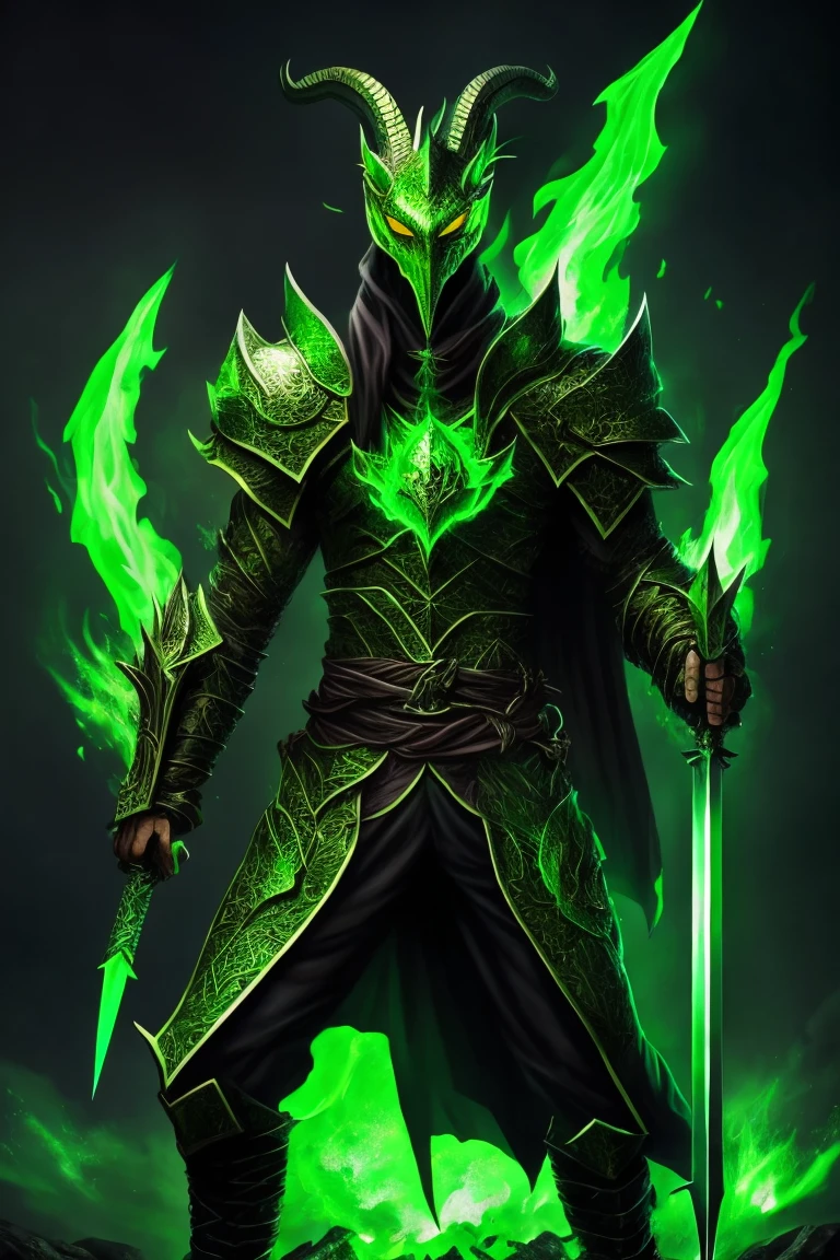skinny one-armed demon dragon with a huge sword in his hand covered in green flames in full height
