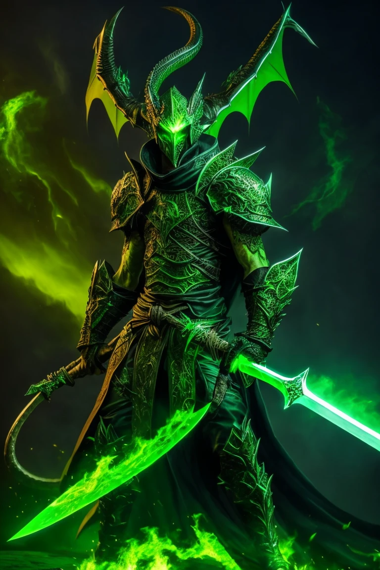 skinny one-armed demon dragon with a huge sword in his hand covered in green flames in full height