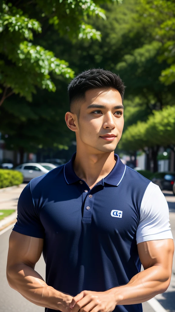 (Create a masterpiece: 1.2),(CGI art:1.3),(realistic:1.5),(After processing:1.3),(Sharp focus:1.3),10,1 man, smile, (Wear a dark blue polo shirt.), Navy cargo pants, Korean guy , korean men, (High gloss details), chest muscles, large arm muscles, blood vessel, Big muscles, Broad shoulders, looking at the audience, Balancing the eyes, In the middle of the road in the capital