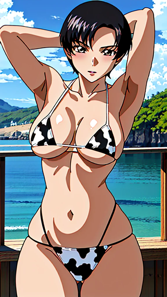 (masterpiece, 4K, Highest quality, anime style: 1.9, Detailed face, Lovely, Ocean,bold, High resolution, anime, Lake 4. alone, Curvaceous, Very slim belly, Cowboy Shot, Cow print bikini,1 Girl,Black Hair,short hair,Basilur, Natal