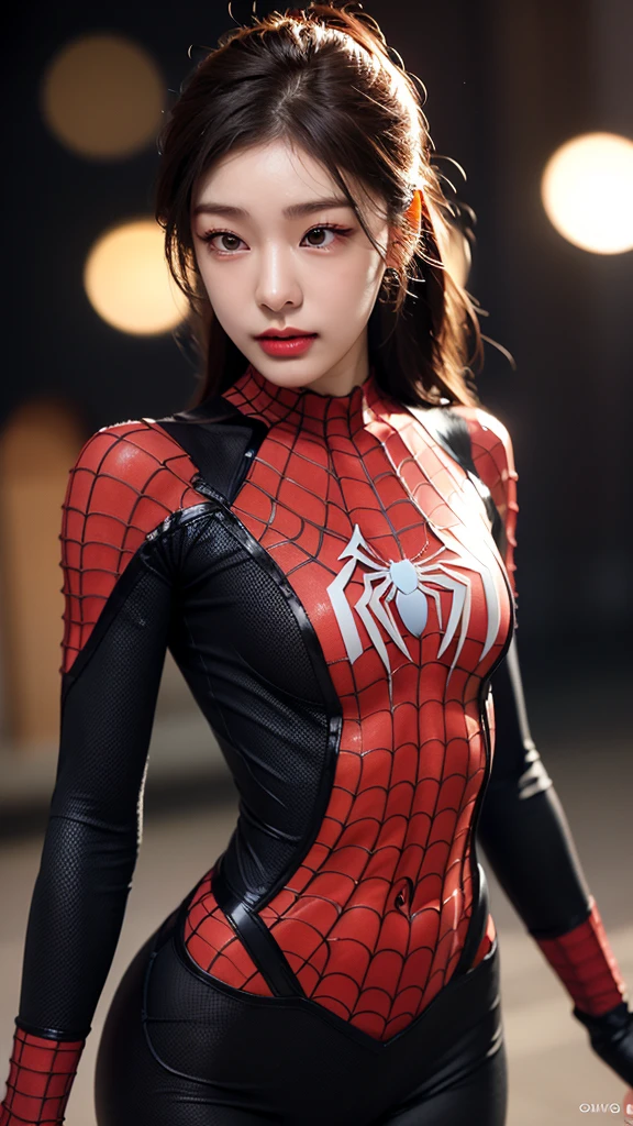 tmasterpiece,1 Korean girl,realisticlying,8K UHD,high high quality,in the background bokeh, spider-man suit,Spidey,Clothes wrap around the whole body,Tight clothing,Abs contour,Short black hair,s the perfect face,shining face,Ultra-clear face,Elaborate Eyes,idoly