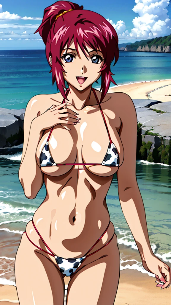 (masterpiece, 4K, Highest quality, anime style: 1.9, Detailed face, Lovely, Ocean,bold, High resolution, anime, Lake 4. alone, Curvaceous, Thighs, Cleavage, Center of chest, smile, Please open your mouth wide, Very slim belly, Cowboy Shot, short hair, Ahoge, Redhead, Purple eyes, Purple Hair,Cow print bikini,1 Girl、