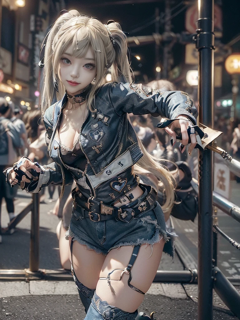 (Full Body View:1.4)、(Full body:1.3)、(Smiling with teeth showing:1.3),(Shibuya Gal:1.5)、(Beautiful:1.4)、(gothic fashion:1.5)、(Punk RockVisual Kei:1.3)、(Futuristic baby doll in black, white and denim:1.5)、(A delicate beige and navy jacket:1.5)、(Denim garter belt:1.5)、(Denim and black and white bodysuit:1.4)、(Heart-shaped silver accessories:1.5)、(Brown Skin Belt:1.4)、(Blue High Heels:1.4)、(Lace patterned underwear:1.4)、20-year-old、NSFW,((Highest quality、In 8K、masterpiece:1.3))、Sharp focus:1.2、(Layered Cut、Beautiful boobs:1.1),Beautiful woman with perfect figure:1.4、(Doing an aerobics pose:1.3)、Slender Abs:1.2、Butt、Highly detailed face and skin texture、Detailed eyes、double eyelid,(Twin tails:1.3)、(Light gold colored hair:1.3)、Obscene、Gravure idol、(Luxurious amusement park at night:1.3)、(Make your legs thinner:1.4)、(Thin thighs:1.4)、(Slim body:1.3)、(clavicle:1.1)