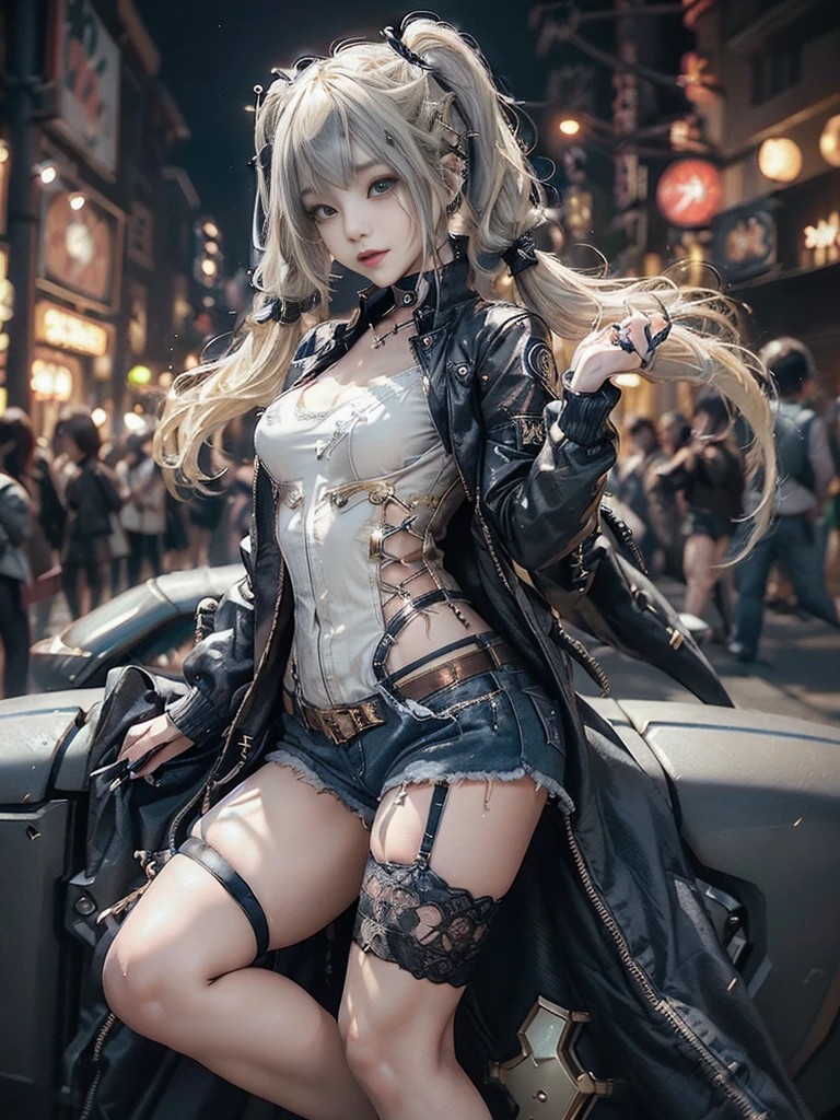 (Full Body View:1.4)、(Full body:1.3)、(Smiling with teeth showing:1.3),(Shibuya Gal:1.5)、(Beautiful:1.4)、(gothic fashion:1.5)、(Punk RockVisual Kei:1.3)、(Futuristic baby doll in black, white and denim:1.5)、(A delicate beige and navy jacket:1.5)、(Denim garter belt:1.5)、(Denim and black and white bodysuit:1.4)、(Heart-shaped silver accessories:1.5)、(Brown Skin Belt:1.4)、(Blue High Heels:1.4)、(Lace patterned underwear:1.4)、20-year-old、NSFW,((Highest quality、In 8K、masterpiece:1.3))、Sharp focus:1.2、(Layered Cut、Beautiful boobs:1.1),Beautiful woman with perfect figure:1.4、(Doing an aerobics pose:1.3)、Slender Abs:1.2、Butt、Highly detailed face and skin texture、Detailed eyes、double eyelid,(Twin tails:1.3)、(Light gold colored hair:1.3)、Obscene、Gravure idol、(Luxurious amusement park at night:1.3)、(Make your legs thinner:1.4)、(Thin thighs:1.4)、(Slim body:1.3)、(clavicle:1.1)