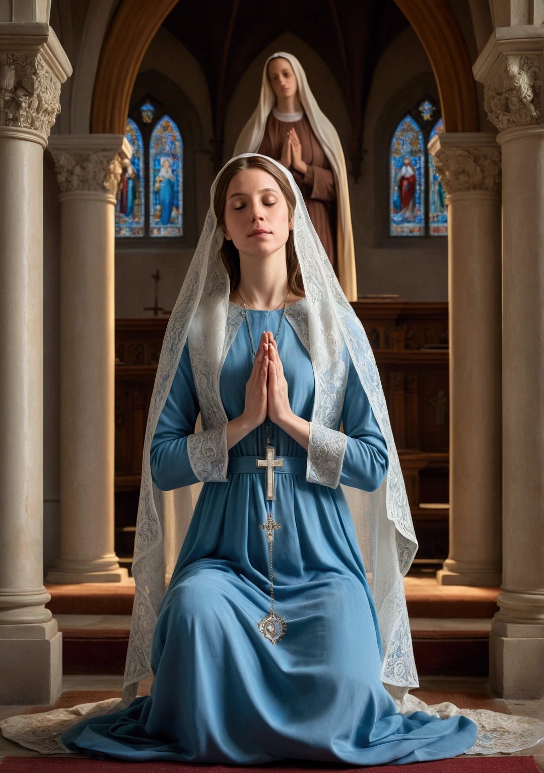 Mary is represented in an Enlightenment style painting, where she is kneeling in a church interior. The soft light streaming in through the tall, narrow windows gently illuminates her serene face as she holds her hands together., in deep prayer. The colors are soft and harmonious, with warm tones that highlight her sky blue dress and the white veil that covers her brown hair. The composition is balanced and focused on the central figure of Mary, standing out against the detailed background of the church with gothic architectural elements. The painting technique reveals delicate textures and a wealth of details in the folds of the fabric and the surrounding decorative ornaments..