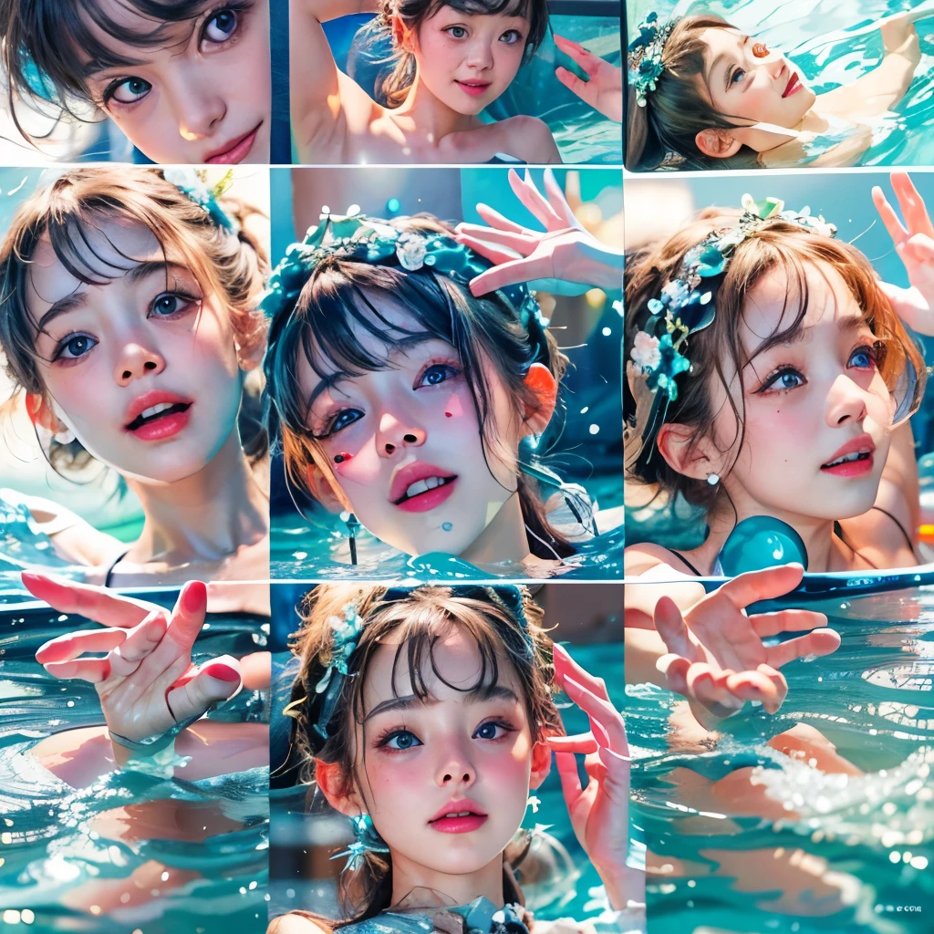 (8K TopQuality masterpiece: 1.2)(Realistic ProfessionalPhoto:1.37), VolumetricLighting. Tiny Girls, (girl jumping into the water)、Falling、splash water、shout、Luminous water surface、White and Bright colors, back lighting, Radiant PearlSkin, Stunning Elaborate pupil with (sparkling highlights:1.28) (Detailed KAWAII face) with cute lips, long eyelashes, Delicate clothes, {HiddenHand|Motion Blurred hand|(Corrected Like Hand)}
