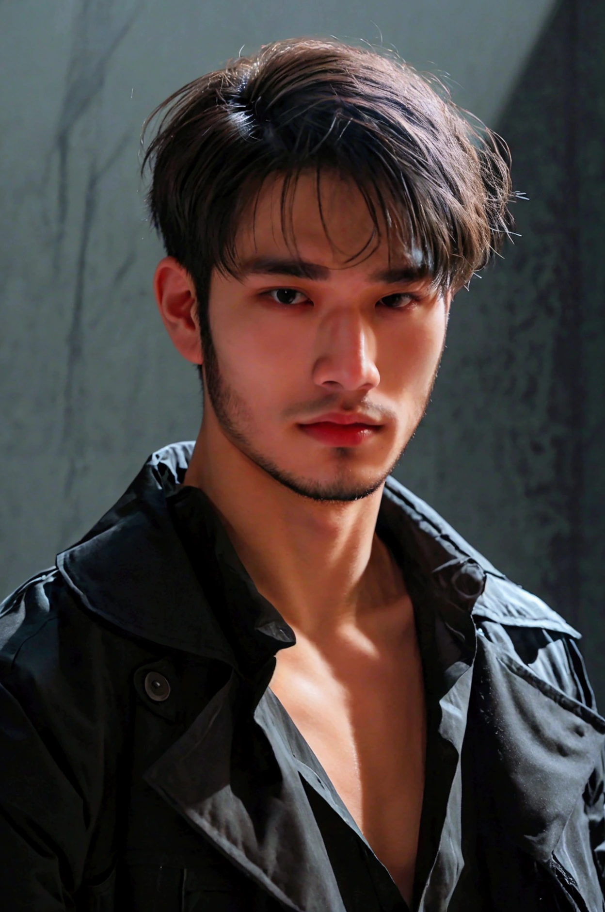 ((best qualityer)), ((realistic shoulders)), (detailded), 1 young 26-year-old man in an extremely dark room with poor lighting, He has a trimmed beard and short hair back and little muscle., dressed in dark clothes , dark shirt and dark jacket
