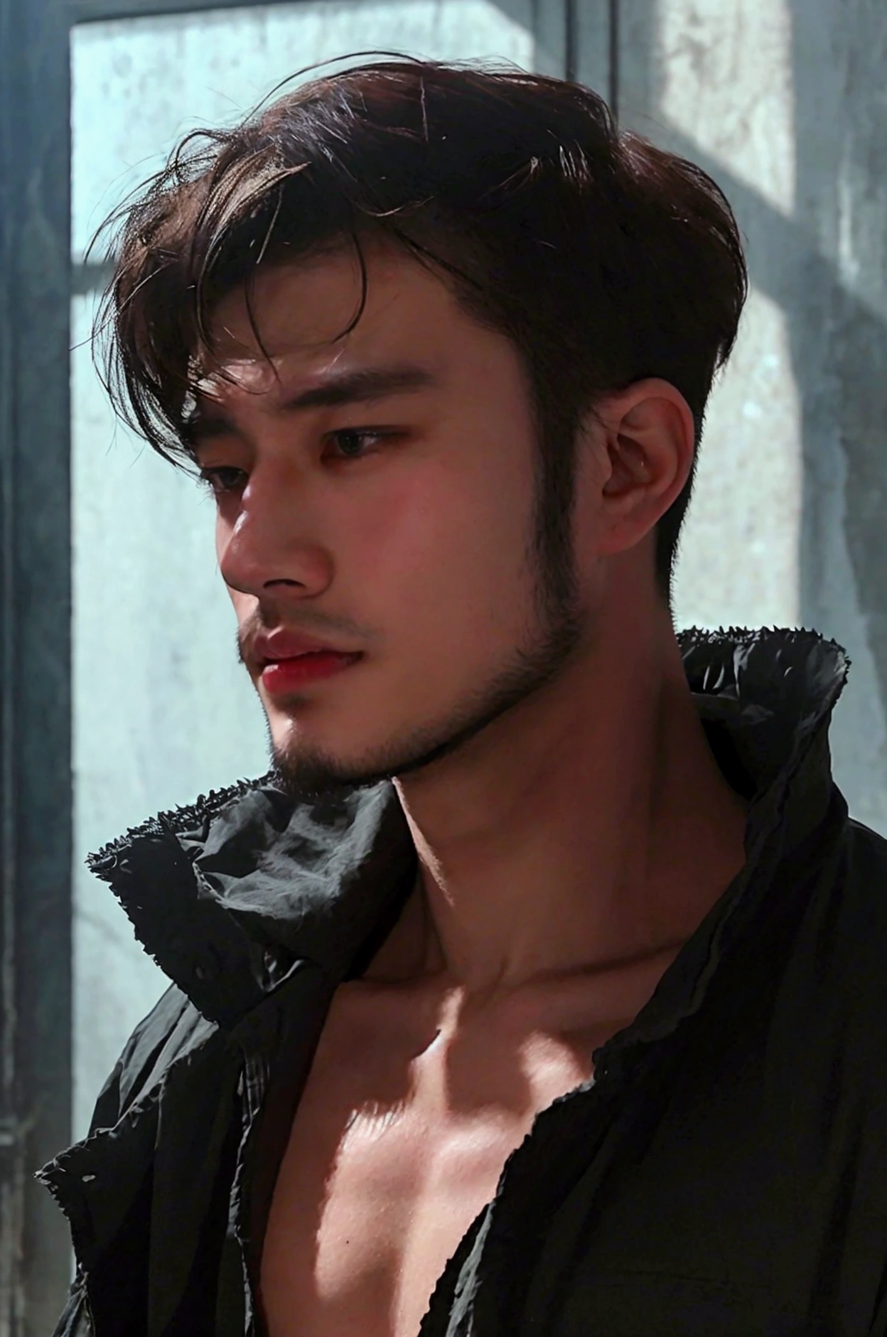 ((best qualityer)), ((realistic shoulders)), (detailded), 1 young 26-year-old man in an extremely dark room with poor lighting, He has a trimmed beard and short hair back and little muscle., dressed in dark clothes , dark shirt and dark jacket