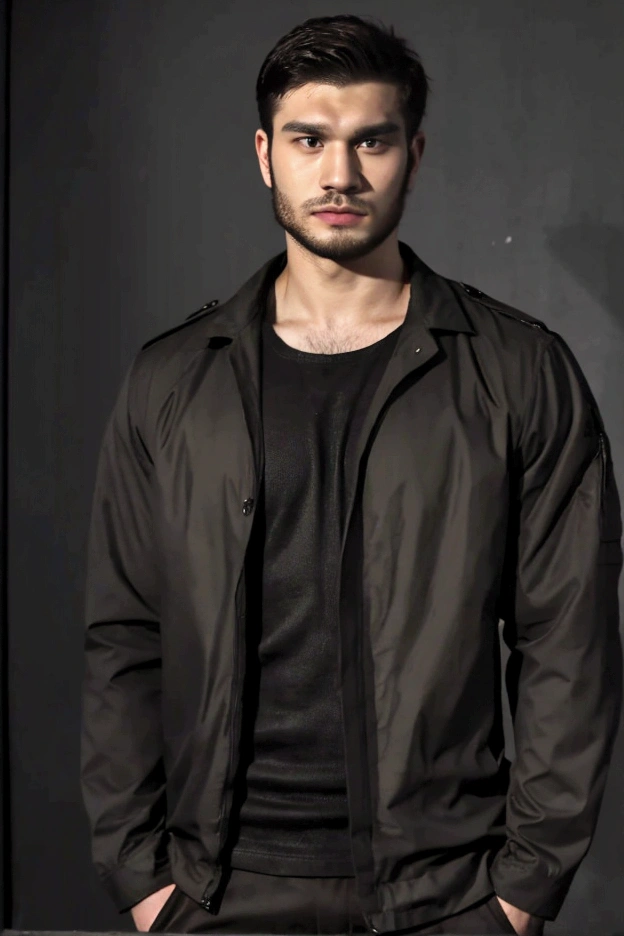 ((best qualityer)), ((realistic shoulders)), (detailded), 1 young 26-year-old man in an extremely dark room with poor lighting, He has a trimmed beard and short hair back and little muscle., dressed in dark clothes , dark shirt and dark jacket