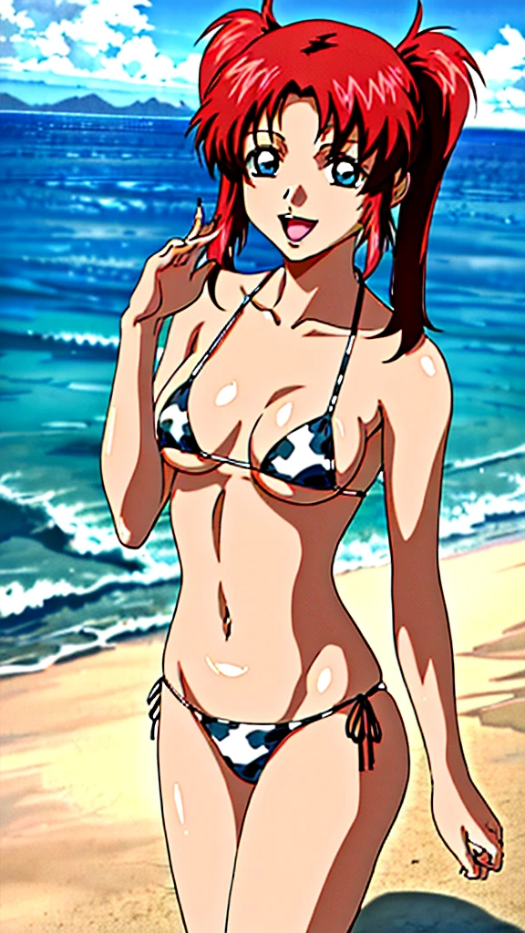 (masterpiece, 4K, Highest quality, anime style: 1.9, Detailed face, Lovely, Ocean,bold, High resolution, anime, Lake 4. alone, Curvaceous, smile, Please open your mouth wide, Very slim belly, Cowboy Shot, Cow print bikini,1 Girl,Redhead,Twin tails,blue eyes,Meiling Hawk