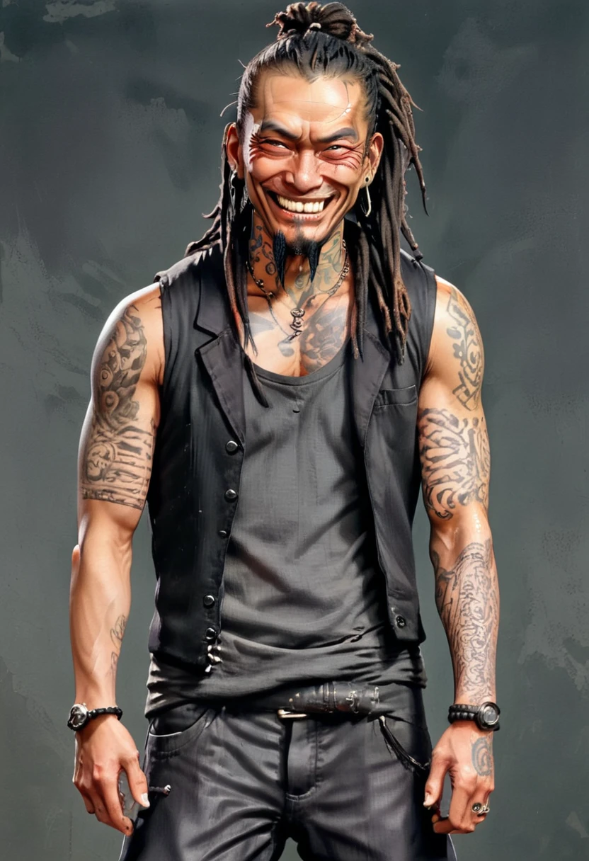 Wang appears as a man with a fair construction and a rather horrible look on his face that reflects his true personality with his cruel smile and slanted eyes, His chin is quite elongated and he is shaved. He has dark hair styled in dreadlocks. He wears a black vest without sleeves with the number 8 on the back, a gray tank top and dark black pants which is also the uniform used by his clan comrades. In addition, to prove that he is the leader of the clan, he also has several tattoos on his arm. He two percing at both ends of his lips, and he sports a sadistic smile. [Male] [Cruel] [Sadistic] [Muscular] [Tattoos] [Dreadlocks] [Scary Face]