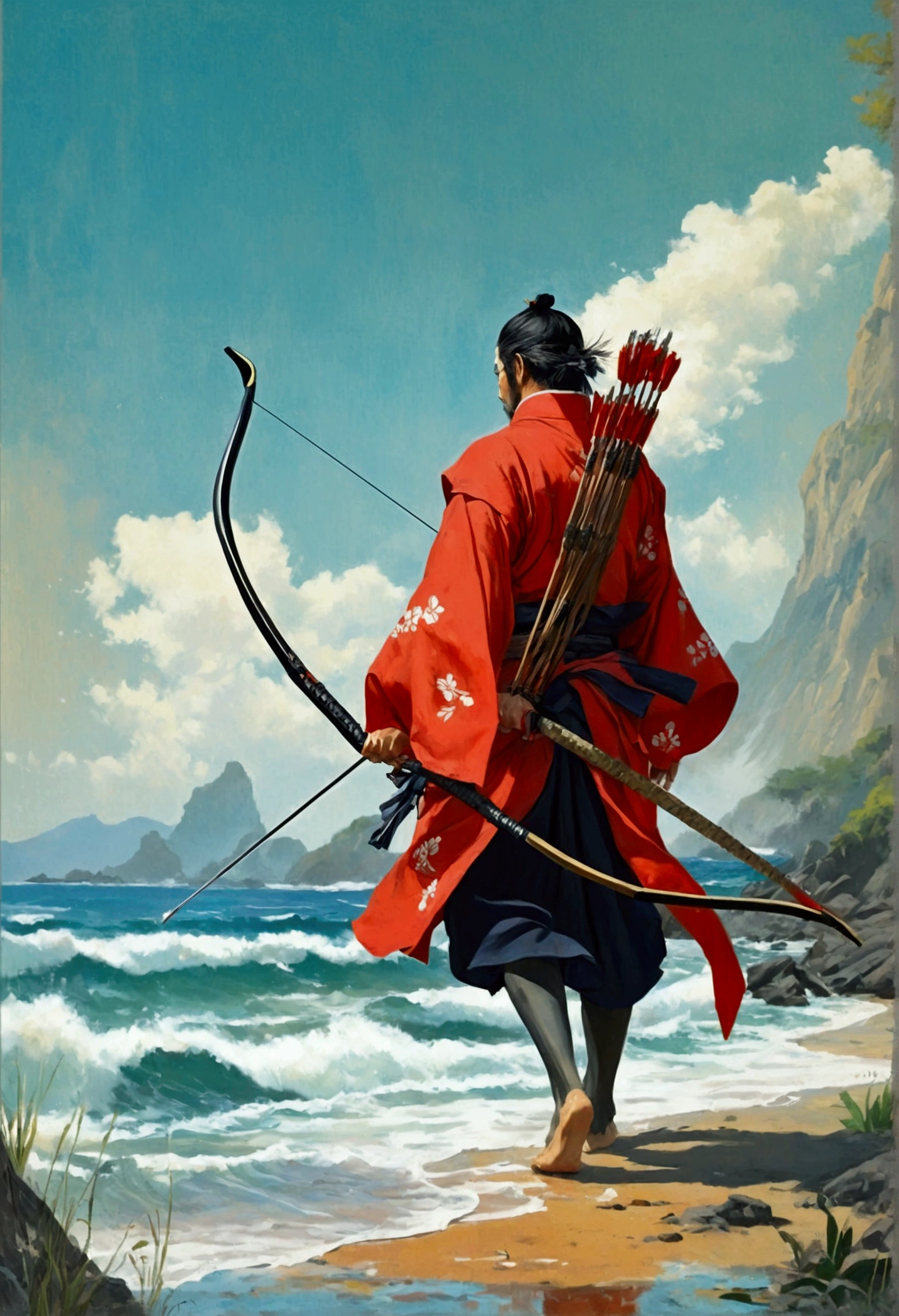 A virtuous samurai, I lost track of time in this chaotic world; The principle is, Values and good habits no longer exist、No longer an honor. Sad , Live according to moral rules, He continues to walk with his shoulders hunched in deep mental depression.,Carrying a bow and arrow,Walking on the beach of a deserted island