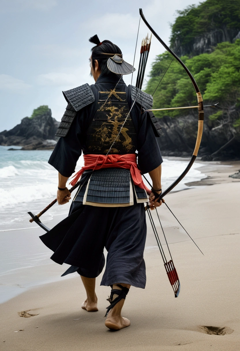 A virtuous samurai, I lost track of time in this chaotic world; The principle is, Values and good habits no longer exist、No longer an honor. Sad , Live according to moral rules, He continues to walk with his shoulders hunched in deep mental depression.,Carrying a bow and arrow,Walking on the beach of a deserted island