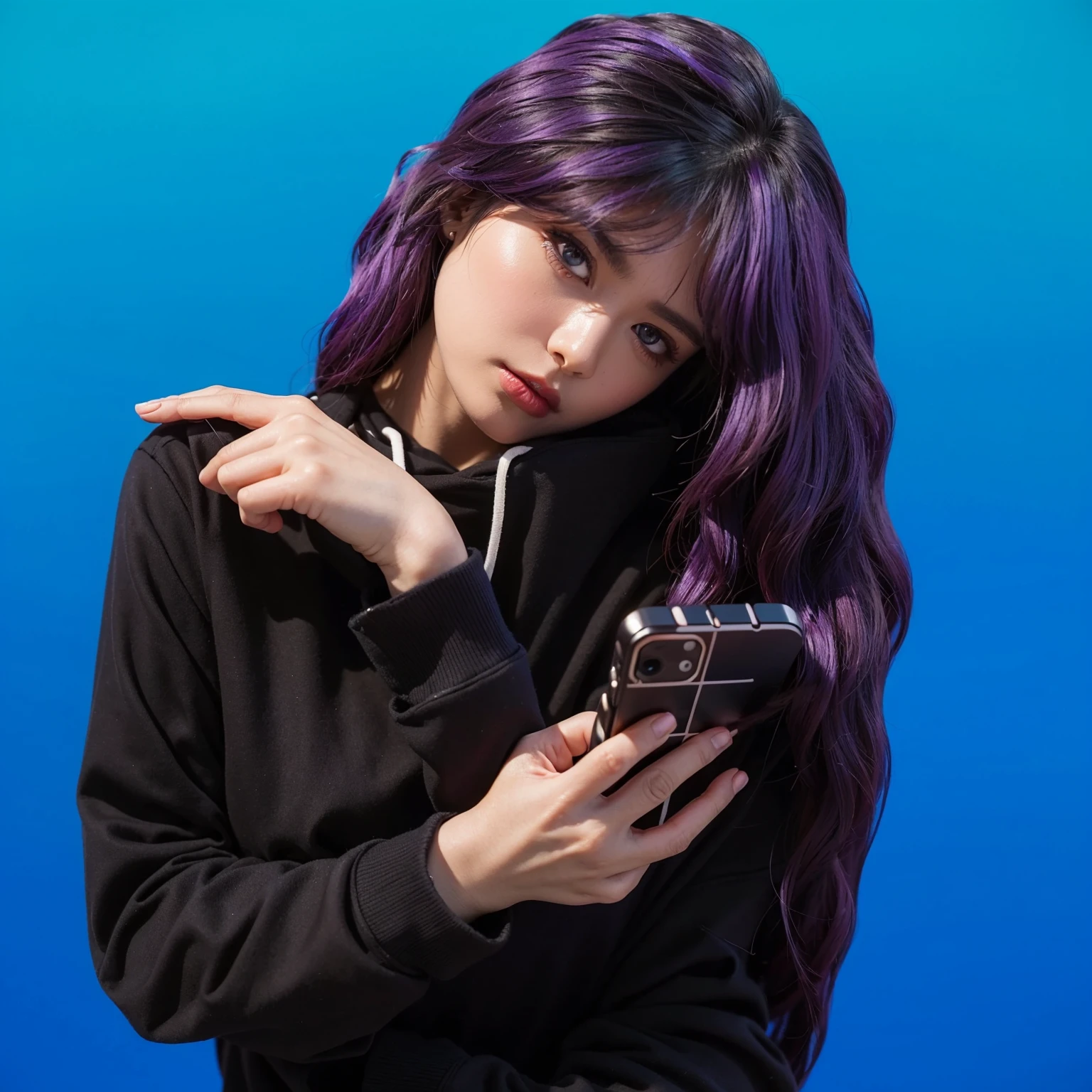 The image features a young woman with striking purple hair, wearing a cozy blue hoodie. She's engaged in using her smartphone, which she holds with a focused intensity. Her makeup is dramatic, featuring dark purple lipstick that complements her vibrant hair. The simplicity of her attire contrasts with her vivid hair and makeup, adding an intriguing layer to her appearance. The blue background complements her outfit, enhancing the overall cool tone of the image. The overall composition of the image is both eye-catching and charming, effectively conveying a sense of joy and creativity.ffects render, (glossy plastic texture with multiple big light probe refractions), perfect cgi, smooth silhouette, high intensity refraction, (super glossy plastic material), most beautiful vfx, , realistic, 4k, high resolution, rim light, smooth 3d model, multiple light sources, rim light, sharp post effects render,, realistic, 4k, high resolution, rim light detailed digital art, reflective, best quality, 4k, masterpiece:1.2, ultra-detailed, realistic, vivid colors, The image of the highest quality, ensuring every detail showcased perfectly. It in 4k resolution, allowing viewers to immerse themselves in the richness of the colors and intricate details. The realistic rendering. under the spotlight, reflecting, high-resolution image, realistic rendering