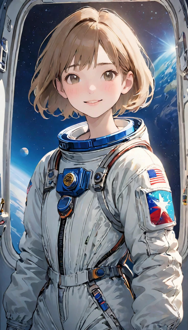 realisitic,best realisitic quality:1.1),(photoshoot:1.1),(high resolution), (Highly detailed and realisitic face),halfbody,(realisitic human skin),(everyone),(White skin of a 15 year old boy,Light Brown Short Bob, wear a sexy, Skin-resistant astronaut suits,) A room on the space station, ((15 year old girl, Young smile, Scrawny, narrow waisted, fine thighs, Thin arms)), The background is a blue earth、Small Earth、Beautiful Earth、