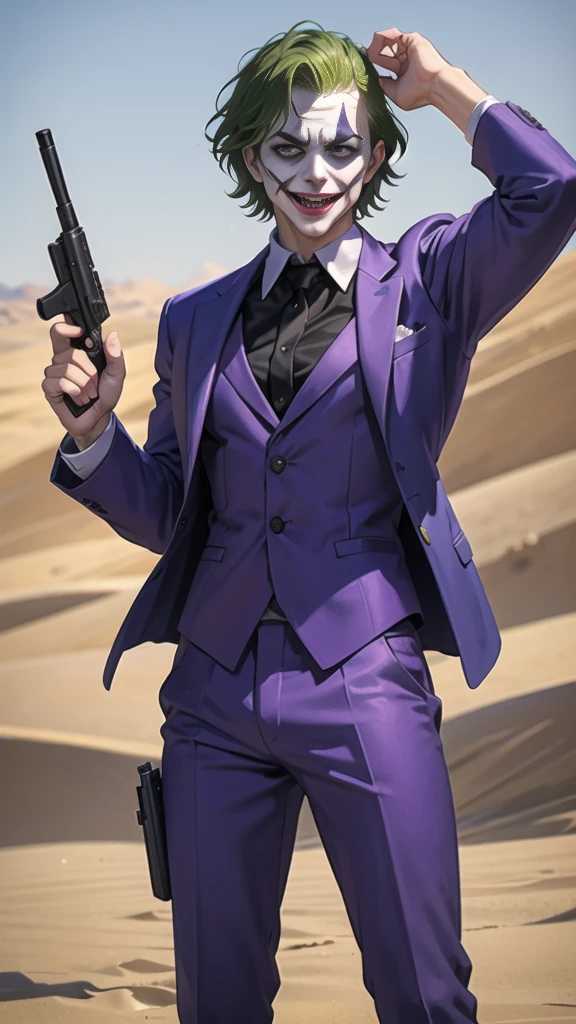 Masterpiece, best quality, The Joker wears a purple suit., , look at viewer, Aim the gun., ถือpistol, look at viewer, stand, , ((pistol)),((Aim the gun.ไปที่ผู้ชม)),gun possession, desert, Laugh and laugh