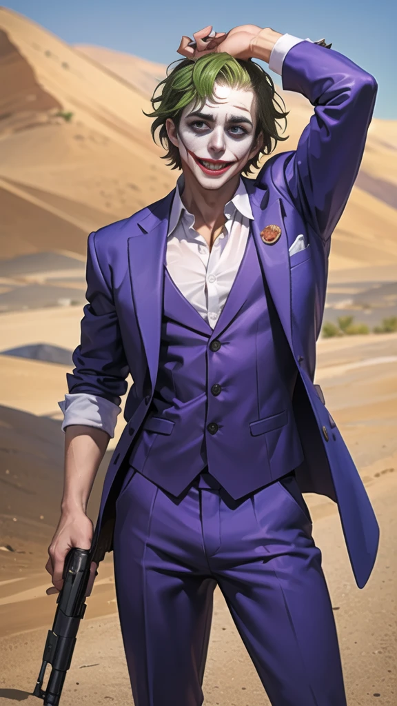 Masterpiece, best quality, The Joker wears a purple suit., , look at viewer, Aim the gun., ถือpistol, look at viewer, stand, , ((pistol)),((Aim the gun.ไปที่ผู้ชม)),gun possession, desert, Laugh and laugh