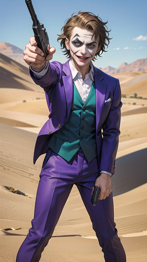 Masterpiece, best quality, The Joker wears a purple suit., , look at viewer, Aim the gun., ถือpistol, look at viewer, stand, , ((pistol)),((Aim the gun.ไปที่ผู้ชม)),gun possession, desert, Laugh and laugh