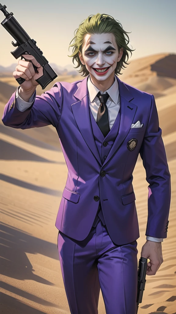 Masterpiece, best quality, The Joker wears a purple suit., , look at viewer, Aim the gun., ถือpistol, look at viewer, stand, , ((pistol)),((Aim the gun.ไปที่ผู้ชม)),gun possession, desert, Laugh and laugh