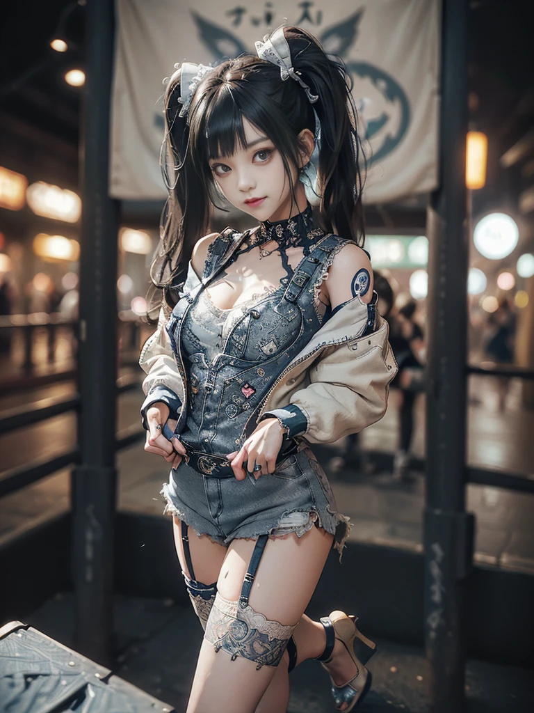 (Full Body View:1.2)、(Full body:1.3)、(Smiling with teeth showing:1.3),(Shibuya Gal:1.5)、(Hostess:1.4)、(Neo-goth fashion:1.5)、(Punk RockVisual Kei:1.3)、(Futuristic bodysuit in white, beige and denim with embellishments:1.5)、(A delicate short jacket in denim, beige and navy:1.5)、(Denim garter belt:1.5)、(Tattered denim and a white micro mini skirt:1.3)、(Heart-shaped silver accessories:1.5)、(Brown Skin Belt:1.4)、(Blue High Heels:1.4)、(Lace patterned underwear:1.4)、20-year-old、NSFW,((Highest quality、In 8K、masterpiece:1.3))、Sharp focus:1.2、(Layered Cut、Huge boobs:1.1),Beautiful woman with perfect figure:1.4、(Doing an aerobics pose:1.3)、Slender Abs:1.2、Butt、Highly detailed face and skin texture、Detailed eyes、double eyelid,(Twin tails:1.3)、(Black brown hair:1.3)、Obscene、Gravure idol、(Luxurious amusement park at night:1.3)、(Make your legs thinner:1.4)、(Thin thighs:1.4)、(Slim body:1.3)、(clavicle:1.1)