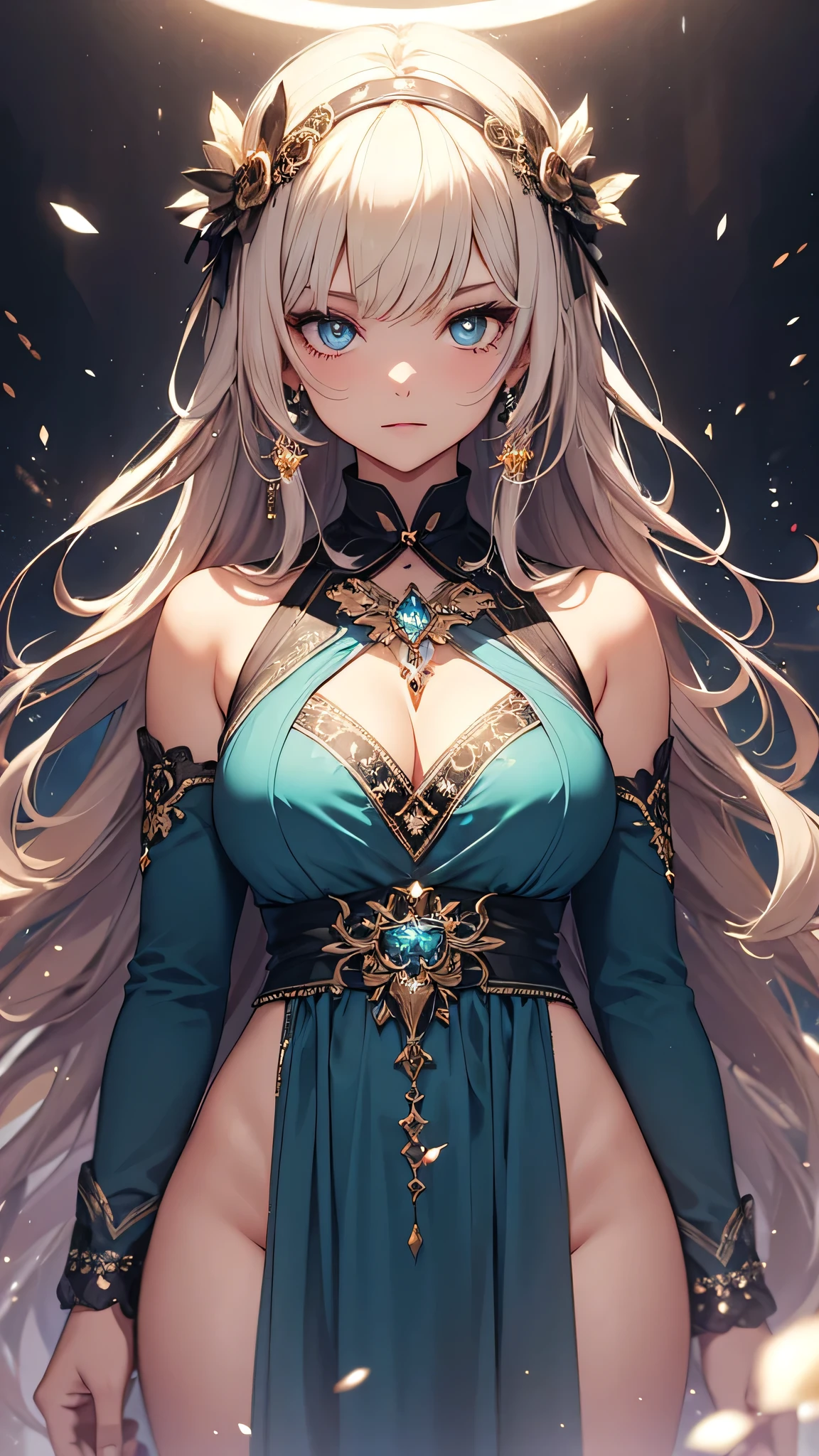 One Girl, Long Hair, Light Hair Color, Captivating eyes, Mysterious look, Mature Appearance, Attractive dress, loose fitting dress, Elegant Jewelry, Elaborate decoration, Magic symbols, Glowing Accessories, part, scroll, Cute accent,ribbon, Magical Effects, Crystal Jade, Particles of light, Rubik'square,