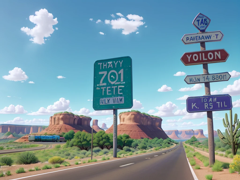Image in aspect ratio 4:3; Highway scenery; blue and lilac sky; green vegetation; Route 66 sign on the side of the highway; gray highway; disney pixar style; qualidade hd; photo angle taken 150cm from the ground ; High definition; Canyons; Cactos