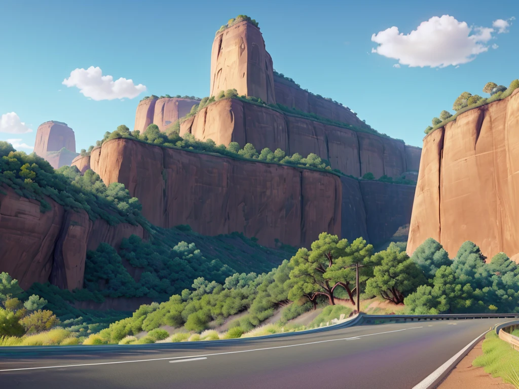 Image in aspect ratio 4:3; Highway scenery; blue and lilac sky; green vegetation; Route 66 sign on the side of the highway; gray highway; disney pixar style; qualidade hd; photo angle taken 150cm from the ground ; High definition; Canyons; Cactos
