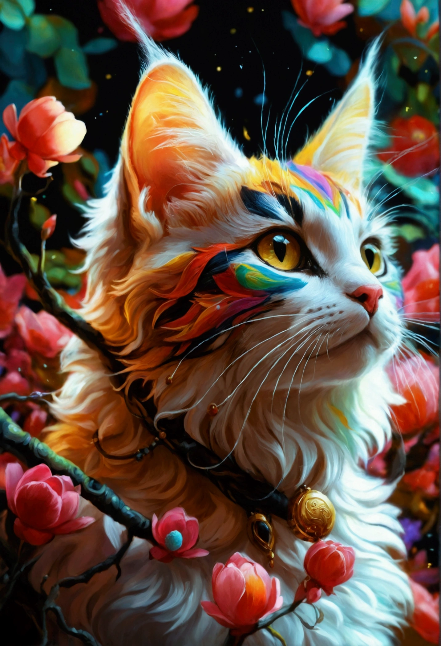 Colorful omabalya painting on black background,, breathtaking rendering, Within a brilliant connection, Inspired by Kinoko Wai. crafts, Hold the heart, magic items, Kitten symbol, whoa, a handsome, Multicolored cast mascot, light up