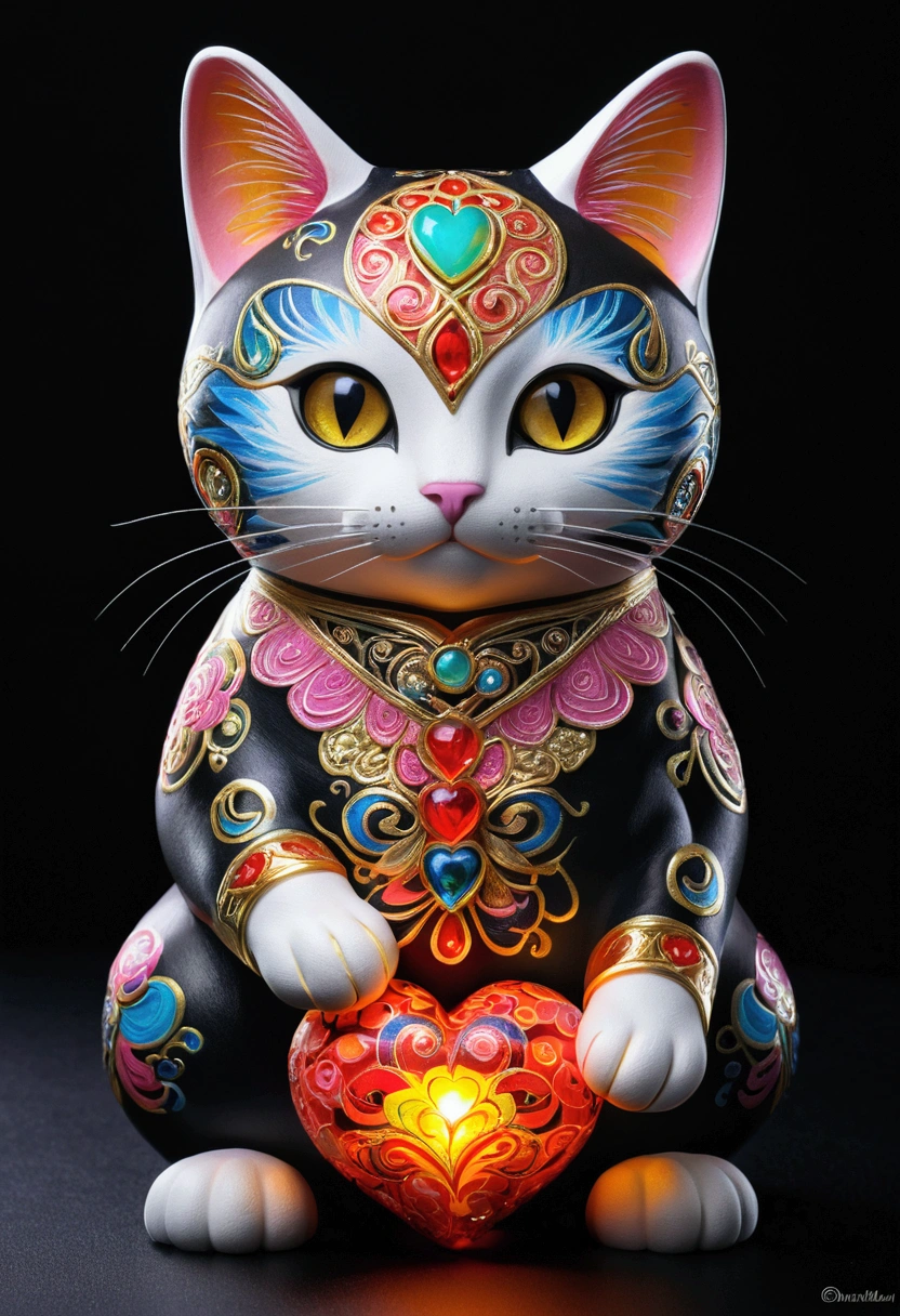 Colorful omabalya painting on black background,, breathtaking rendering, Within a brilliant connection, Inspired by Kinoko Wai. crafts, Hold the heart, magic items, Kitten symbol, whoa, a handsome, Multicolored cast mascot, light up