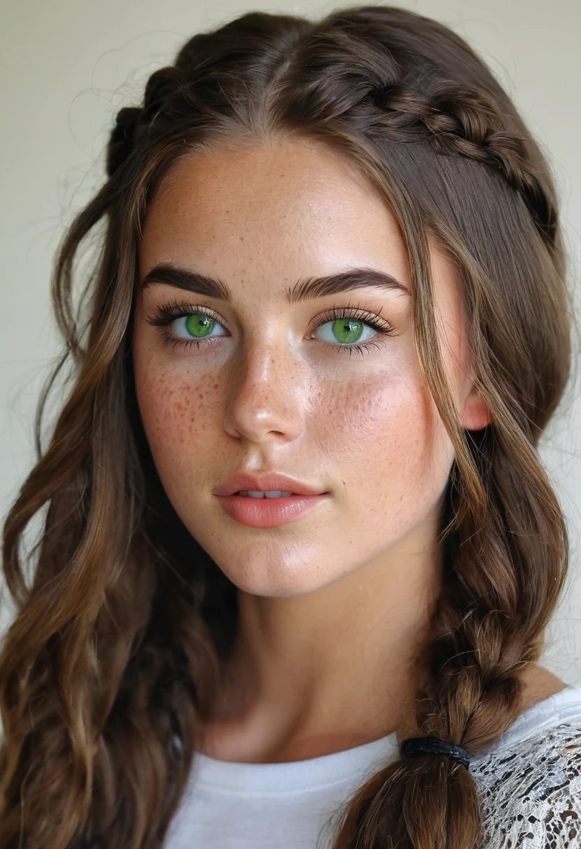 25 year old girl with wawer made waves with small braids in front of hair ((long hair)), ((freckles)), green eyes and brown hair Beautiful realistic , a 25 year old beautiful girl, brunette hair, (((bright green eyes))), youthful, big lips, small nose, thick eyebrows, round youthful cheeks, long hair, tanned skin, ((wearing a 90's inspired outfit with low waisted jeans))