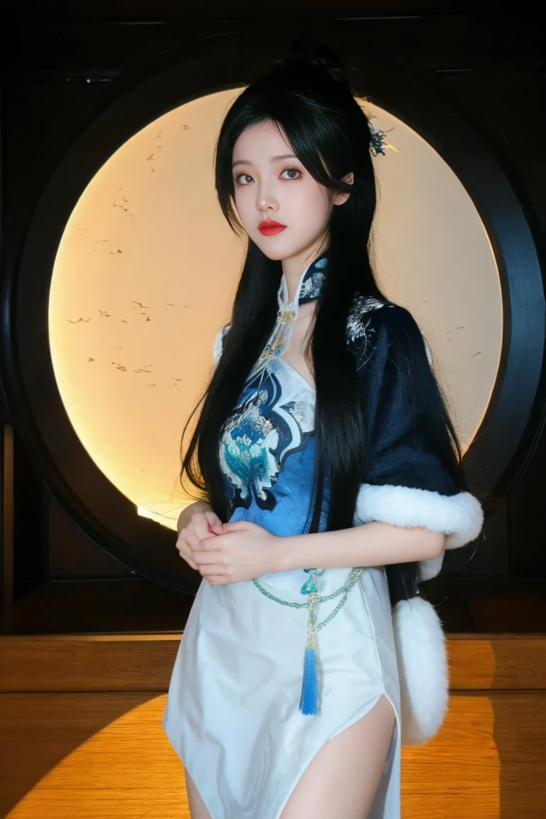 best quality, tmasterpiece,Ultra-high resolution,Clear face,(Reality:1.4),ferpect lighting,(upper body), (photorealistic:1.50), anime wallpaper, Guviz style artwork, cover-up fantasy up to magic , by Yang J, Guviz, beautiful artwork illustration, beautiful digital artwork, beautiful digital illustration, Li Song, beautiful anime portrait, art style in Beauvot, 1girl, 独奏,cosplay, looking at the audience,
long hair, black hair, hair bun, blue eyes, Chinese dress,
Outdoor, grassland, park, Garden, (standing:1.5), night sky, (looking at viwer:1.3),