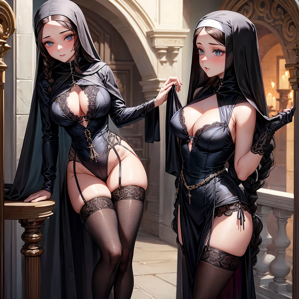 A beautiful young brunette woman with blue eyes and a long braid, wearing a black nun's habit with a revealing neckline, seductive pose showing her curvy figure, stockings, and lace lingerie