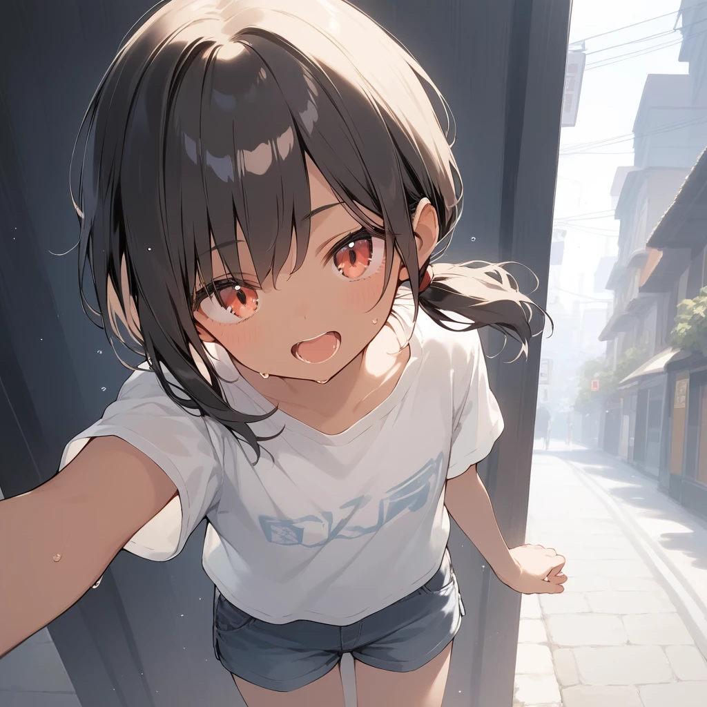 score_9, score_8_up, score_7_up, source_anime, best quality, masterpiece, official art, absurdres, highres, ultra-detailed,waifu2x,Collection: Slice of Life,break,1girl, tomboy, dark-skinned female, short hair, low ponytail, flat chest, beautiful detailed eyes, short shorts, sweat, open mouth, (yawn:0.3), sleepily, outdoors, wind,break,(clear line illustration:1.2), super detailed skin,very high resolution, very aesthetic, Best sexual lighting powered by famous artist, 8k,cute picture,beauty illustration,photoshop_(medium),,(Detailed Lighting),best anime 8k konachan wallpaper, pixiv contest winner,