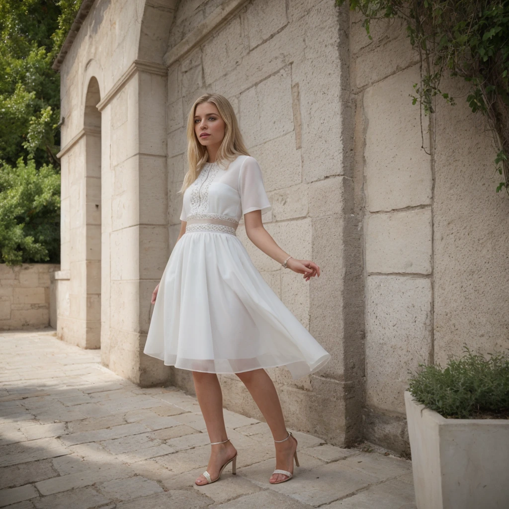 Une fille blonde avec un très joli corps, ultra realiste, seule, une jolie poitrine, tenue tres classe, robe, , presque nue, en train de se maquiller, sur une terrasse ensoleillée, éclairage parfait, bijoux, se maquiller, 24mm, textures 4k, regarder le spectateur, établir un contact visuel, ultra réaliste, 8k, reflex numérique.