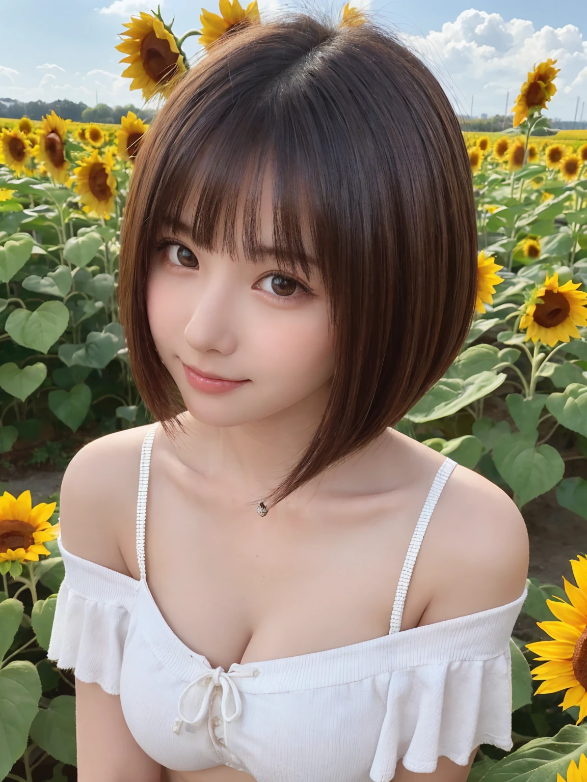 One Girl, (Beautiful girl, Delicate girl:1.3), (:1.3),
break, (Summer off-the-shoulder tops:1.2),
break, (Sunflower field background:1.2),
break, smile, Very beautiful eyes, (Symmetrical eyes:1.3),
break, (Big Breasts:1.3), Brown eyes, Parted bangs, Brown bob cut hair, Round face, cute,
break, (Eye and facial details:1.0),
break, (masterpiece, Highest quality, Super detailed, Detailed face, 8K)